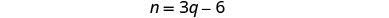 The image shows the algebraic equation n = 3q - 6, presented on a plain white background.