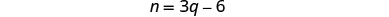 The image shows the algebraic equation n = 3q - 6, presented in a clear, standard mathematical notation on a white background.