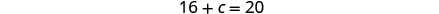 A simple algebraic equation is displayed, reading '16 + c = 20'. The numbers and the variable 'c' are written in a clear, dark font against a white background.
