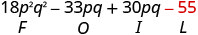 18 p squared q squared minus 33 p q plus 30 p q minus 55. Beneath minus 55 is the letter L.