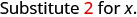 The image shows the text 'Substitute 2 for x.' in a gray font, with the number '2' highlighted in a reddish-orange color.