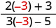 A mathematical fraction is shown, with 2(-3) + 3 in the numerator and 3(-3) - 5 in the denominator. The number -3 is highlighted in red in both parts of the expression.