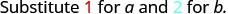 The image displays text in a serif font that reads 'Substitute 1 for a and 2 for b.' The numbers '1' and '2' are highlighted in red and light blue, respectively.