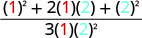 A mathematical fraction with a numerator expanded as (1)^2 + 2(1)(2) + (2)^2 and a denominator as 3(1)(2)^2, featuring red and blue colored numbers.