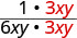A fraction with 1 multiplied by 3xy in the numerator and 6xy multiplied by 3xy in the denominator. The 3xy term is highlighted in red, indicating a common factor for simplification.