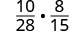 The image displays the multiplication of two fractions: 10/28 multiplied by 8/15, represented as (10/28)   (8/15).