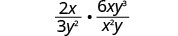 A mathematical expression showing the product of two fractions: (2x / 3y^2) multiplied by (6xy^3 / x^2y).