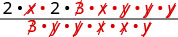 A mathematical fraction showing simplification. Common factors like 'x', 'B', and 'y' are struck through in red from both the numerator and denominator, illustrating term cancellation.