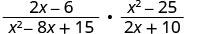A mathematical expression showing the multiplication of two algebraic fractions: (2x-6)/(x^2-8x+15) * (x^2-25)/(2x+10).