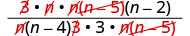 An algebraic fraction undergoing simplification, with identical terms 'B', 'n', and 'n(n-5)' struck through in red in both the numerator and denominator.
