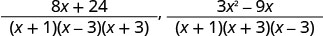 Two algebraic fractions displayed. The first is 8x+24 over (x+1)(x-3)(x+3), and the second is 3x^2-9x over (x+1)(x+3)(x-3). Both fractions have common denominators.