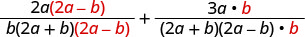 An algebraic expression displaying the sum of two fractions with a common denominator, prior to simplification. Numerators are 2a(2a-b) and 3ab, while the common denominator is b(2a+b)(2a-b).