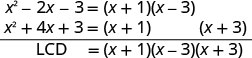 Factoring quadratic expressions x^2 - 2x - 3 and x^2 + 4x + 3 to determine their Least Common Denominator (LCD), which is (x+1)(x-3)(x+3).