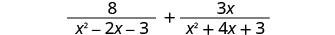 An algebraic expression featuring the sum of two rational fractions: 8/(x^2 - 2x - 3) + 3x/(x^2 + 4x + 3).