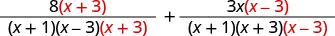An algebraic expression showing the sum of two rational fractions, where common factors in the numerators and denominators are highlighted in red, indicating potential simplification steps.