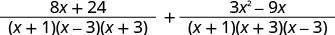 An algebraic expression demonstrating the sum of two rational functions with a common denominator. The numerators are (8x + 24) and (3x^2 - 9x).