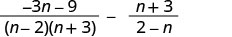 A mathematical expression featuring the subtraction of two rational expressions: (-3n - 9)/((n-2)(n+3)) - (n+3)/(2-n).
