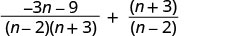 An algebraic expression showing the sum of two rational functions: ((-3n - 9) / ((n - 2)(n + 3))) + ((n + 3) / (n - 2)).