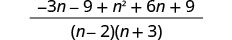 A mathematical fraction. The numerator is -3n - 9 + n^2 + 6n + 9, and the denominator is the product of (n-2) and (n+3).