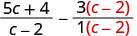A mathematical expression displaying the subtraction of two algebraic fractions. The first term is (5c+4)/(c-2), and the second term is 3(c-2) over 1(c-2), with factors in red.