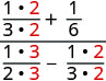 A complex fraction showing addition and subtraction of fractions. Red numbers highlight the multiplication steps to find common denominators in both the numerator and denominator.