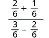 A complex fraction mathematical problem showing (2/6 + 1/6) divided by (3/6 - 2/6).