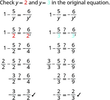 Verification of solutions for an algebraic equation, showing y=2 and y=3 both satisfy 1 - 5/y = -6/y^2 through step-by-step substitution.