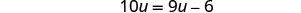 A mathematical equation is displayed on a white background: 10u = 9u - 6. The text is rendered in a black sans-serif font.
