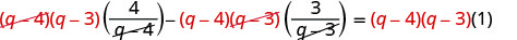 A mathematical equation illustrating the simplification of algebraic expressions by canceling common factors. The image shows (q-4) and (q-3) being canceled out in the numerators and denominators of the fractional terms.