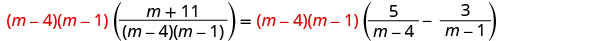 An algebraic equation showing both sides multiplied by (m-4)(m-1) to clear denominators, simplifying the expression involving fractions with variables m.