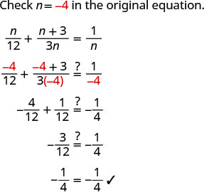 Checking the solution n=-4 in an algebraic equation. The image shows the substitution, simplification, and verification that both sides of the equation are equal, confirming n=-4 is correct.