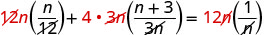 A mathematical equation with red numbers and variables indicating terms being canceled out or simplified. The equation shows 12n(n/2) + 4 * 3n((n+3)/3n) = 12n(1/n), with some denominators crossed out.