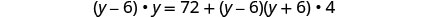 A mathematical equation is displayed on a white background: (y-6) * y = 72 + (y-6)(y+6) * 4. The characters are rendered in a black sans-serif font.