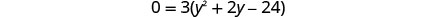 A mathematical equation is shown with the expression 0 = 3(y^2 + 2y - 24).