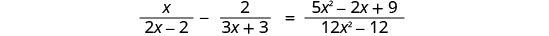 A mathematical equation featuring rational expressions. The equation is x/(2x-2) - 2/(3x+3) = (5x^2 - 2x + 9)/(12x^2 - 12), with terms arranged horizontally.