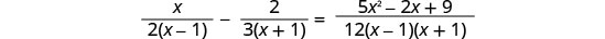 A mathematical equation shows the subtraction of two algebraic fractions set equal to a third algebraic fraction. The equation is x over 2(x-1) minus 2 over 3(x+1) equals (5x^2 - 2x + 9) over 12(x-1)(x+1).