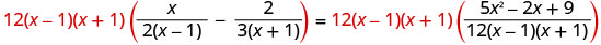 An algebraic equation showing the multiplication of both sides by 12(x-1)(x+1) to eliminate fractional terms, a common step in solving rational equations.
