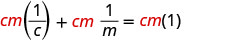 A mathematical equation on a white background, displaying cm(1/c) + cm(1/m) = cm(1), with 'cm' in red and the rest in black.
