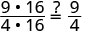 A mathematical problem asking if the fraction (9 * 16) / (4 * 16) is equal to 9/4. This visually demonstrates the principle of simplifying fractions by canceling common factors in the numerator and denominator.