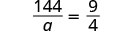 A mathematical equation displays '144 divided by a equals 9 divided by 4' against a white background.