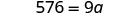 A mathematical equation is displayed on a white background, showing 576 equals 9q.