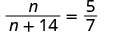 A mathematical equation shows a fraction with 'n' in the numerator and 'n + 14' in the denominator, set equal to the fraction '5/7'.