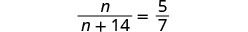 A mathematical equation shows a fraction n over the sum of n and 14, which is set equal to the fraction 5 over 7, appearing in a clean, isolated format on a white background.