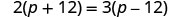 A mathematical equation is displayed with a black text on a white background. The equation is 2(p + 12) = 3(p - 12).