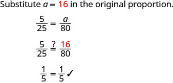 The image shows the steps to verify the solution for 'a' in a proportion. 'a = 16' is substituted into 5/25 = a/80. Both sides, 5/25 and 16/80, simplify to 1/5, confirming the equality and validity of the solution with a checkmark.
