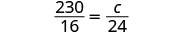 A mathematical equation shows a proportion: 230 over 16 equals c over 24, where 'c' is an unknown variable.