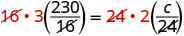 A mathematical equation is displayed where 16 multiplied by 3 and 230/16 equals 24 multiplied by 2 and c/24. The numbers 16 and 24 are struck through in red on both sides of the equation.