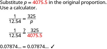 A mathematical problem showing the substitution of p = 4075.5 into the proportion 1/12.54 = 325/p, resulting in both sides equaling approximately 0.07874, confirming the equality.