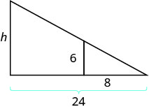 Two similar right triangles are shown. The larger triangle has height 'h' and a total base of 24. A vertical segment of length 6 stands on a part of the base, creating a smaller right triangle with a base of 8.