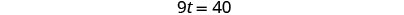 The image displays a simple algebraic equation, '9t = 40,' written in black text on a plain white background, presenting a clear mathematical problem to be solved.
